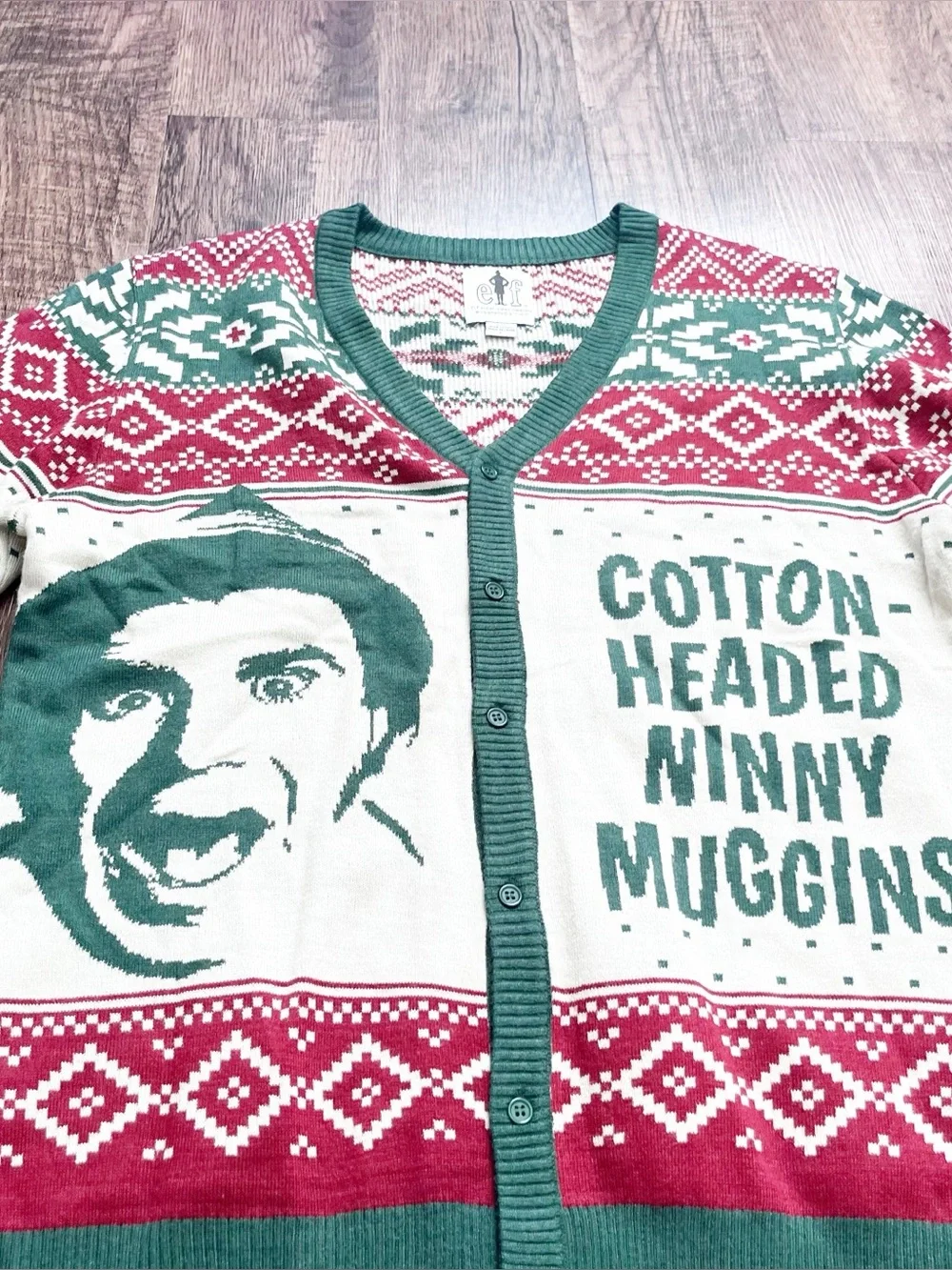 ELF Cotton-Headed Ninny Muggins Holiday Cardigan Sweater Green & Red Men’s Large
